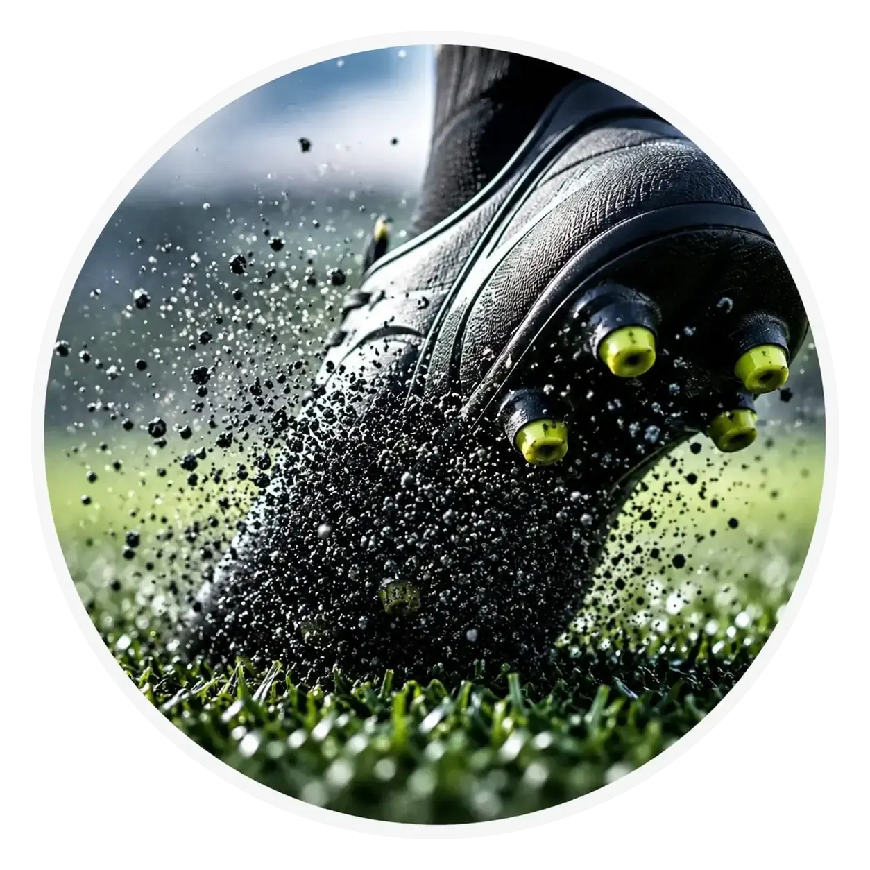 Cleat on synthetic turf kicking up infill granules