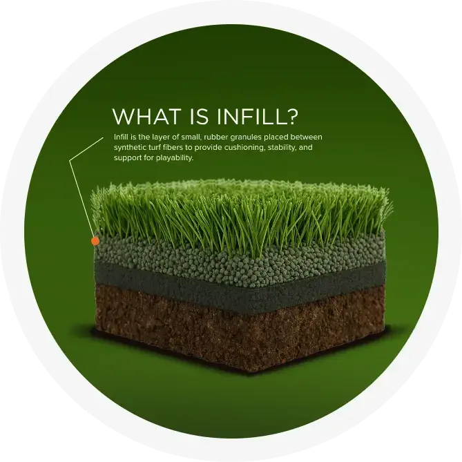 Cross-section of artificial turf showing the infill layer